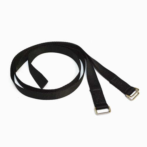 black nylon straps wound up with metal loops on end