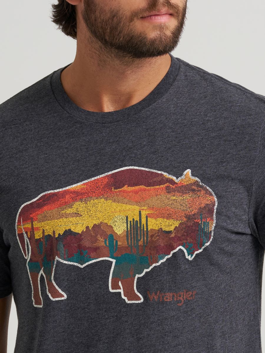 Man wearing a dark gray t-shirt with a colorful buffalo graphic and 'Wrangler' branding.
