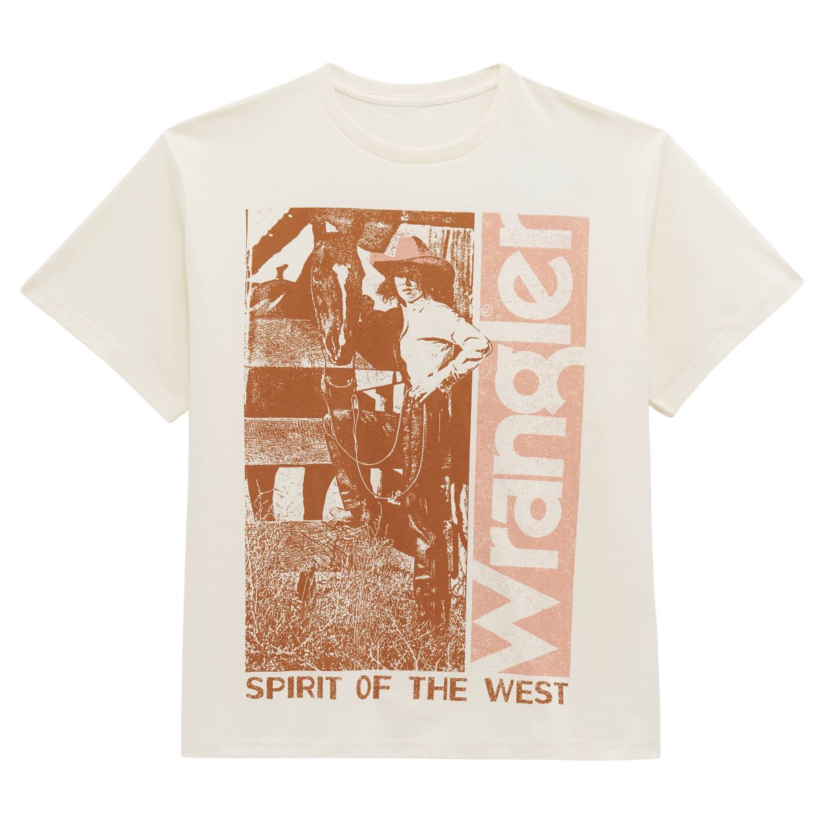 White t-shirt with 'Wrangler' and 'Spirit of the West' graphic on a white background