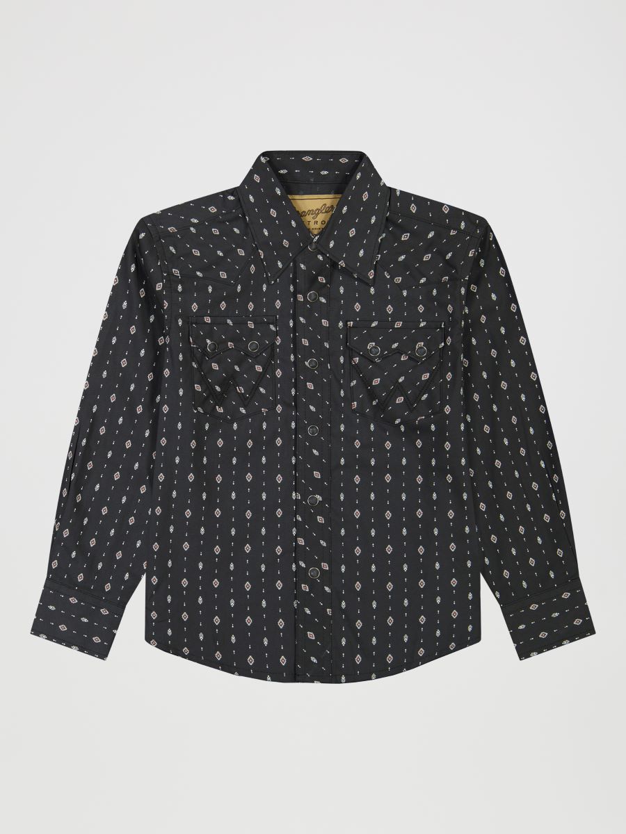 Black patterned Wrangler shirt on a white background