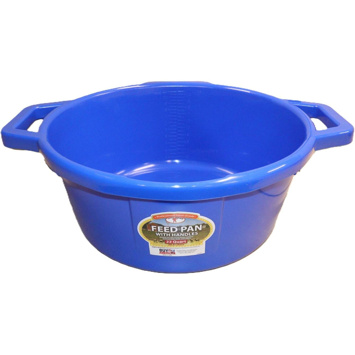 a blue feed pan with handles