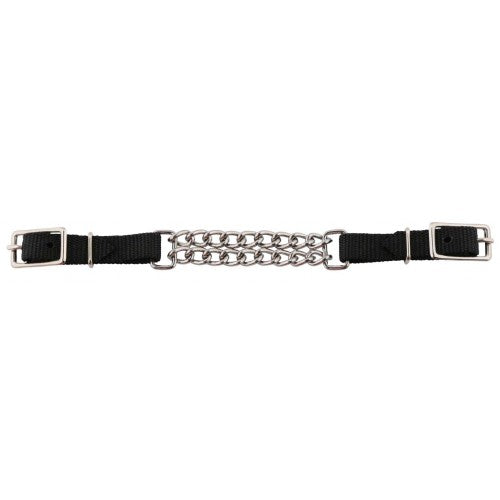 Black nylon strap with nickel plated double chain and buckles on a white background