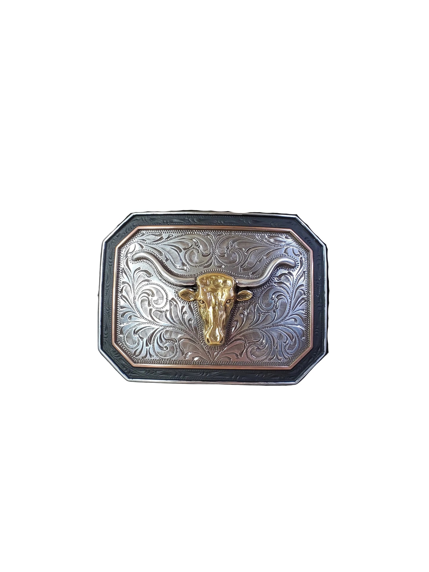 Steerhead belt buckle with black and copper trim