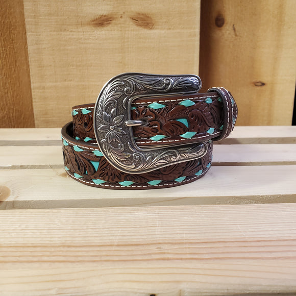 Tooled With Teal Inlay & Buckstitch Youth Belt by Nocona®