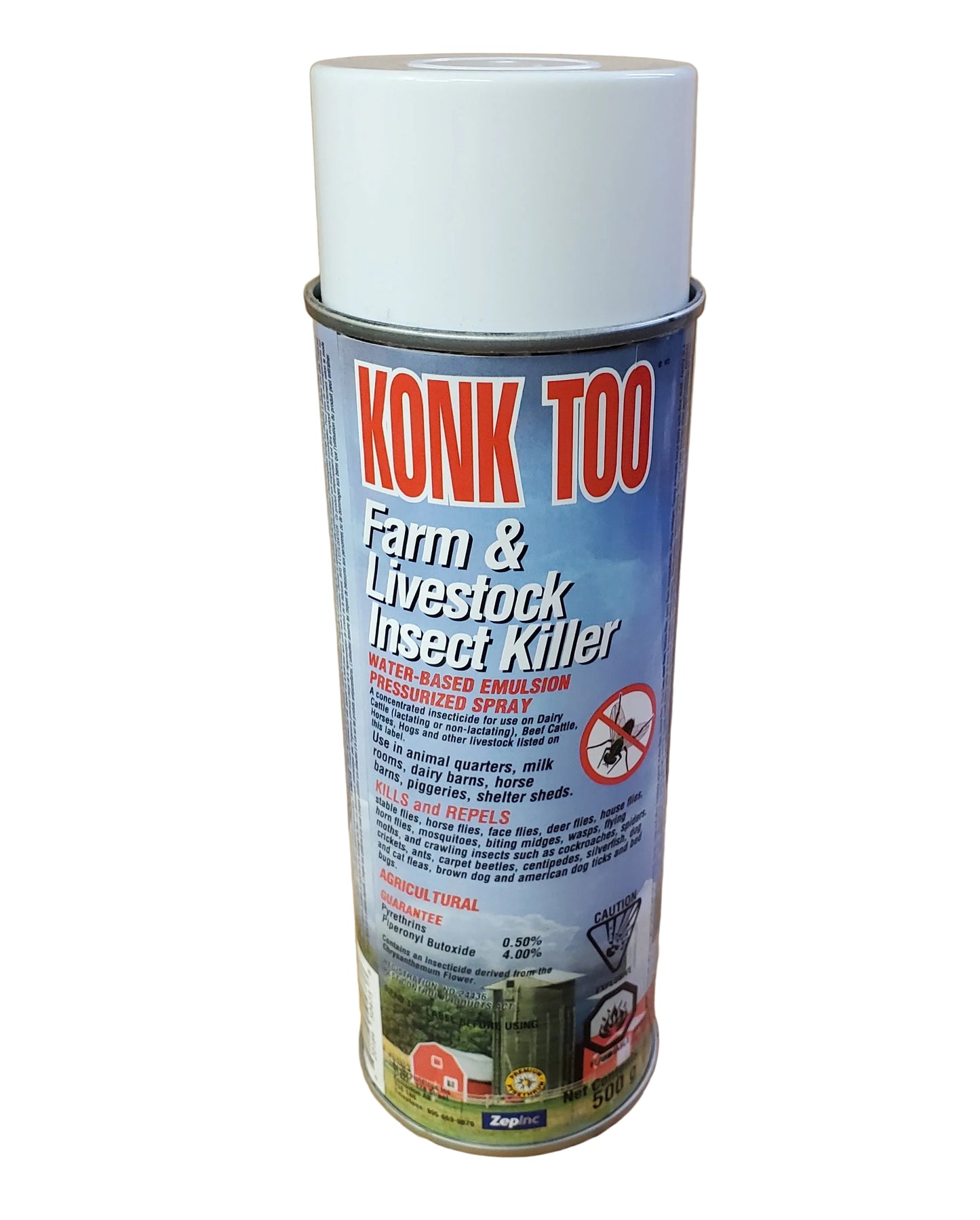 an aeresol container of konk too farm & livestock insect killer with a blue label and white lid