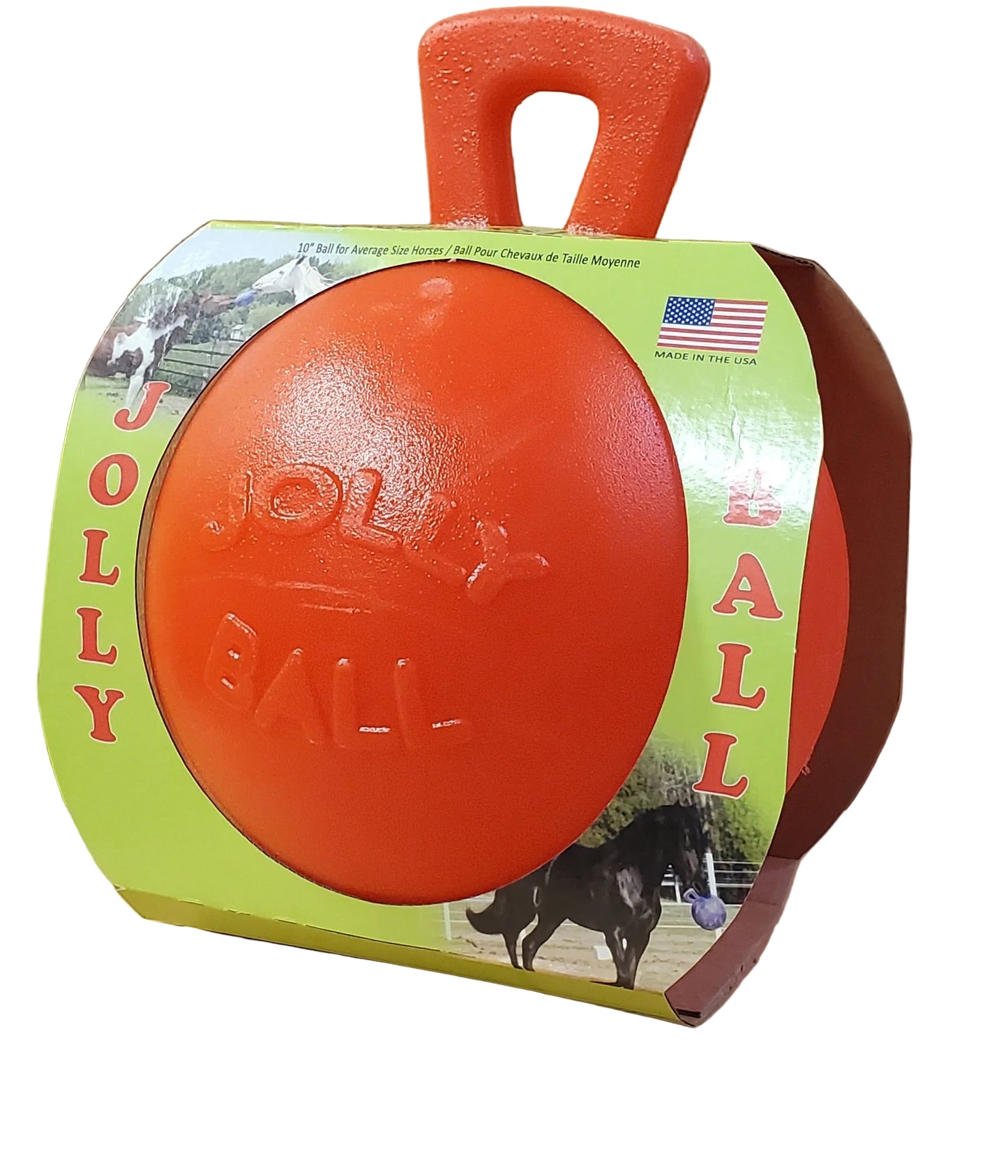 an orange jolly ball for horses to play with in a cardboard display box on a white background