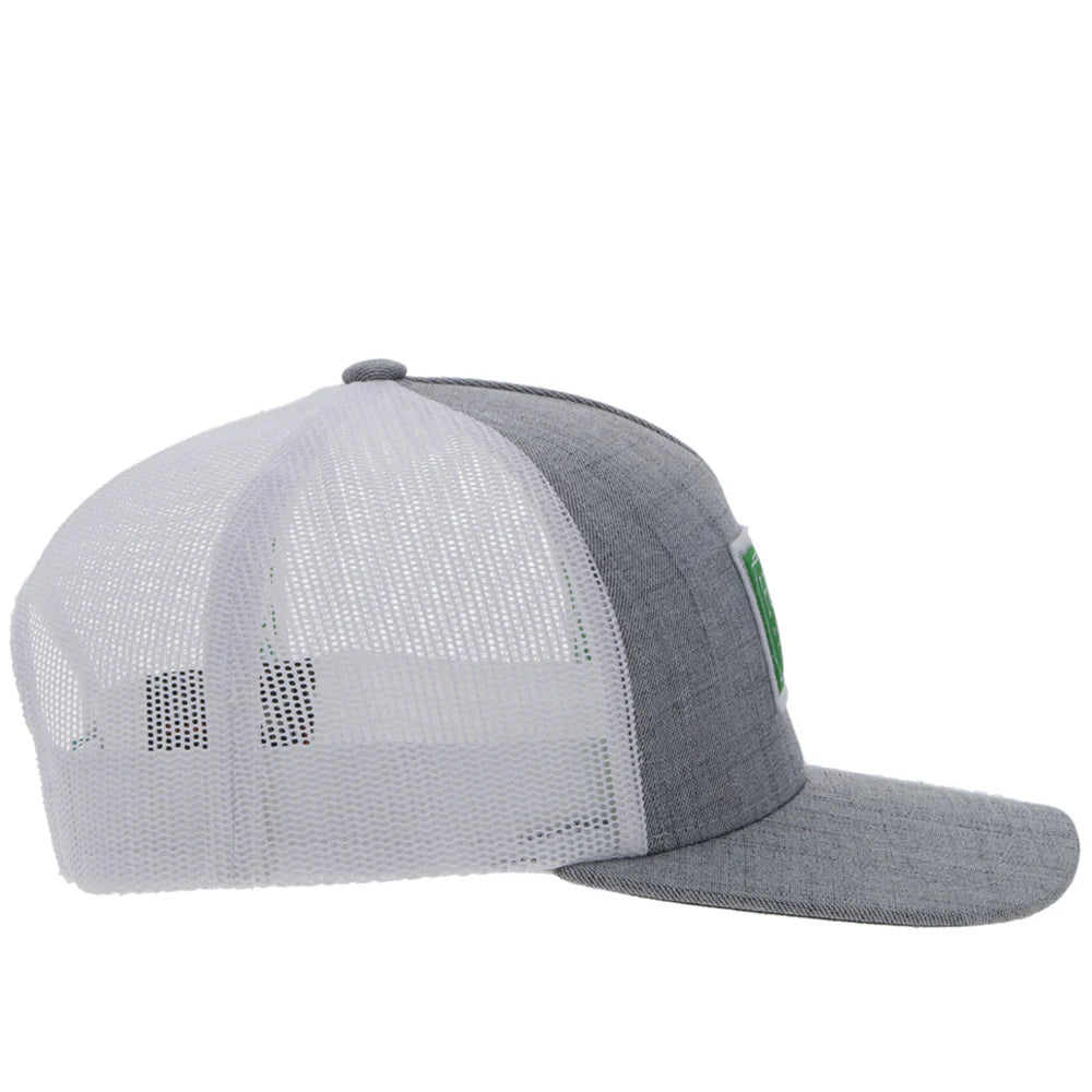 a chambray grey and white cap by hooey with a green patch
