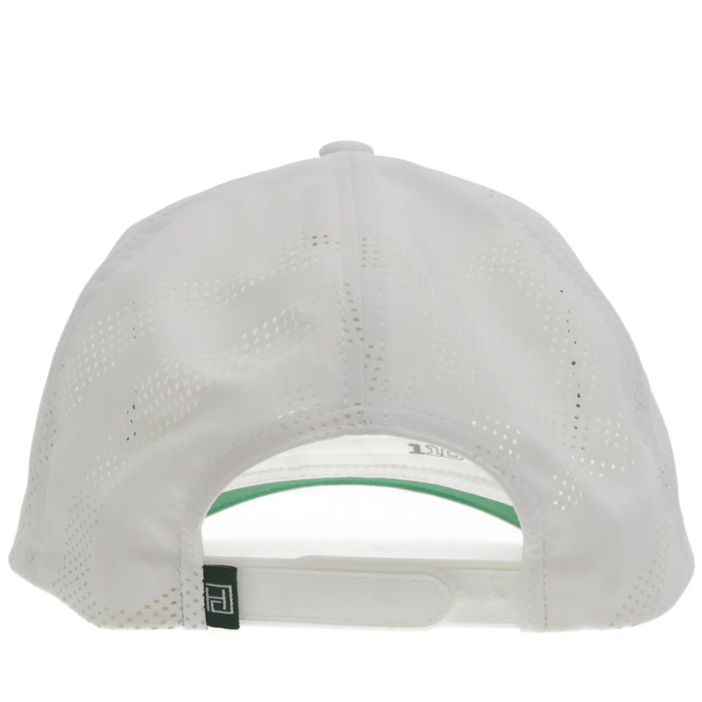 White Hooey baseball cap with a green rim on a white background