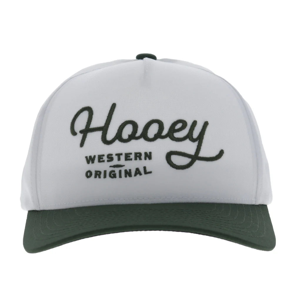 a white and green cap by hooey on a white background