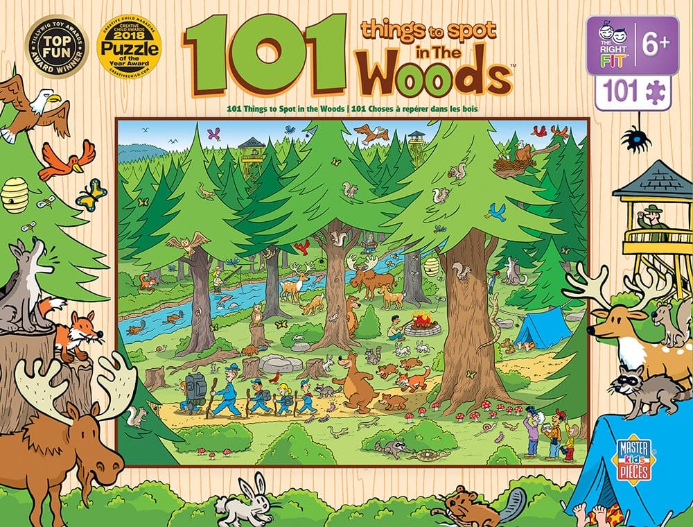 Master Pieces 101 Things to Spot in the Woods puzzle packaging with cartoon animals and nature elements.