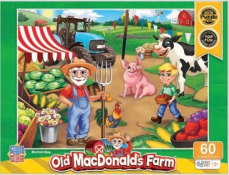 Master Pieces Puzzle box featuring a farm scene with characters and animals, labeled 'Old MacDonald's Farm'.
