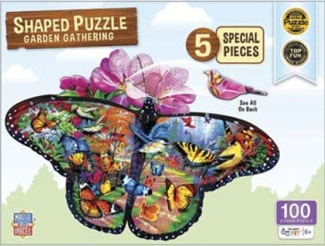 Master Pieces Shaped puzzle packaging with butterfly design and colorful butterflies on a white background