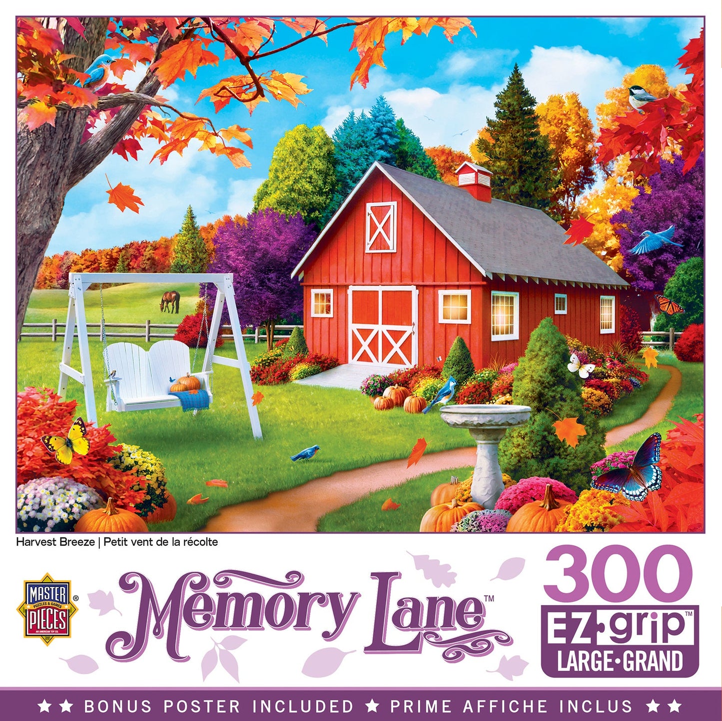 Master Pieces Jigsaw puzzle box featuring a colorful autumn scene with a red barn, swing, and pumpkins.