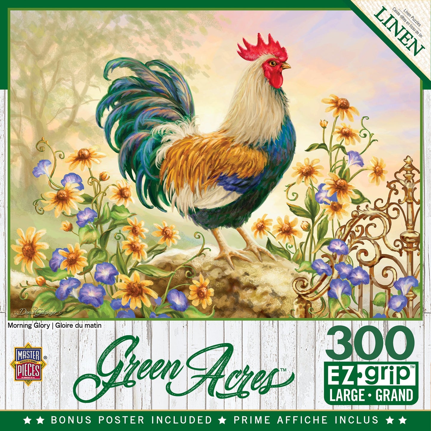Master Pieces Jigsaw puzzle box featuring a rooster in a garden with flowers and a fence, labeled 'Green Acres'.