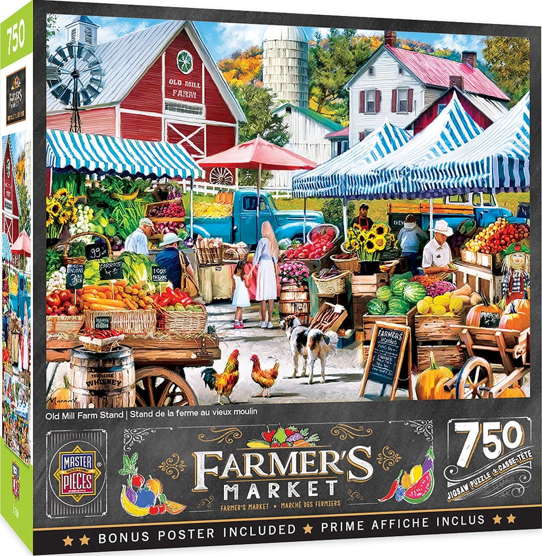 Master Pieces Jigsaw puzzle box featuring a farmer's market scene with colorful produce and buildings.