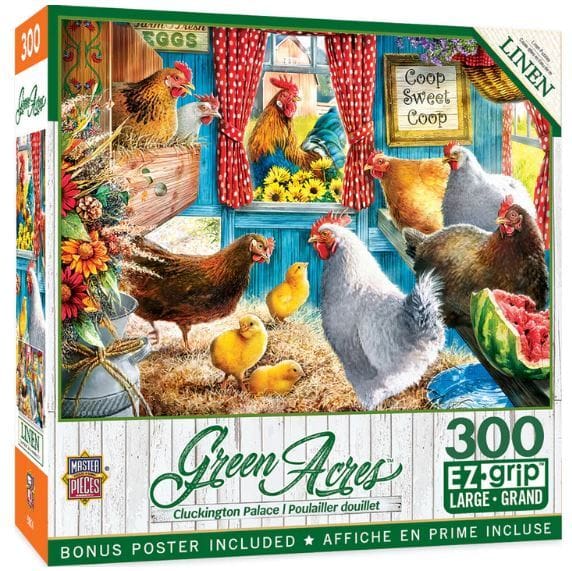Master Pieces Jigsaw puzzle box featuring chickens and a farm scene with 'Green Acres' branding.