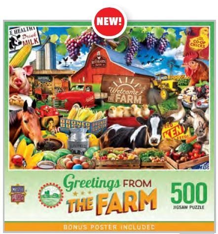 Master Pieces Jigsaw puzzle box featuring a farm scene with animals, vegetables, and a barn.