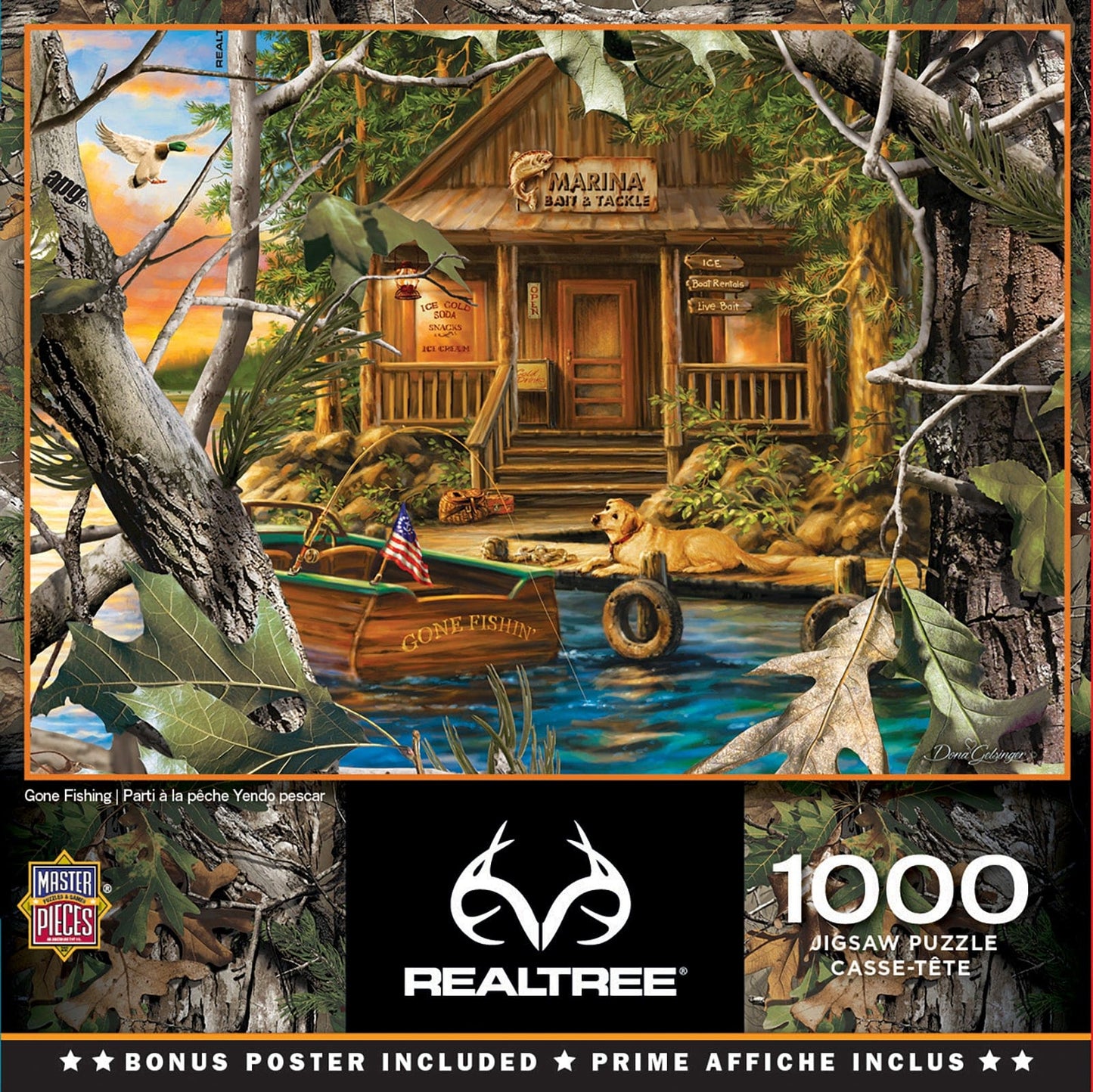 Master Pieces Jigsaw puzzle packaging featuring a cabin by a lake with trees and a boat, branded with Realtree.