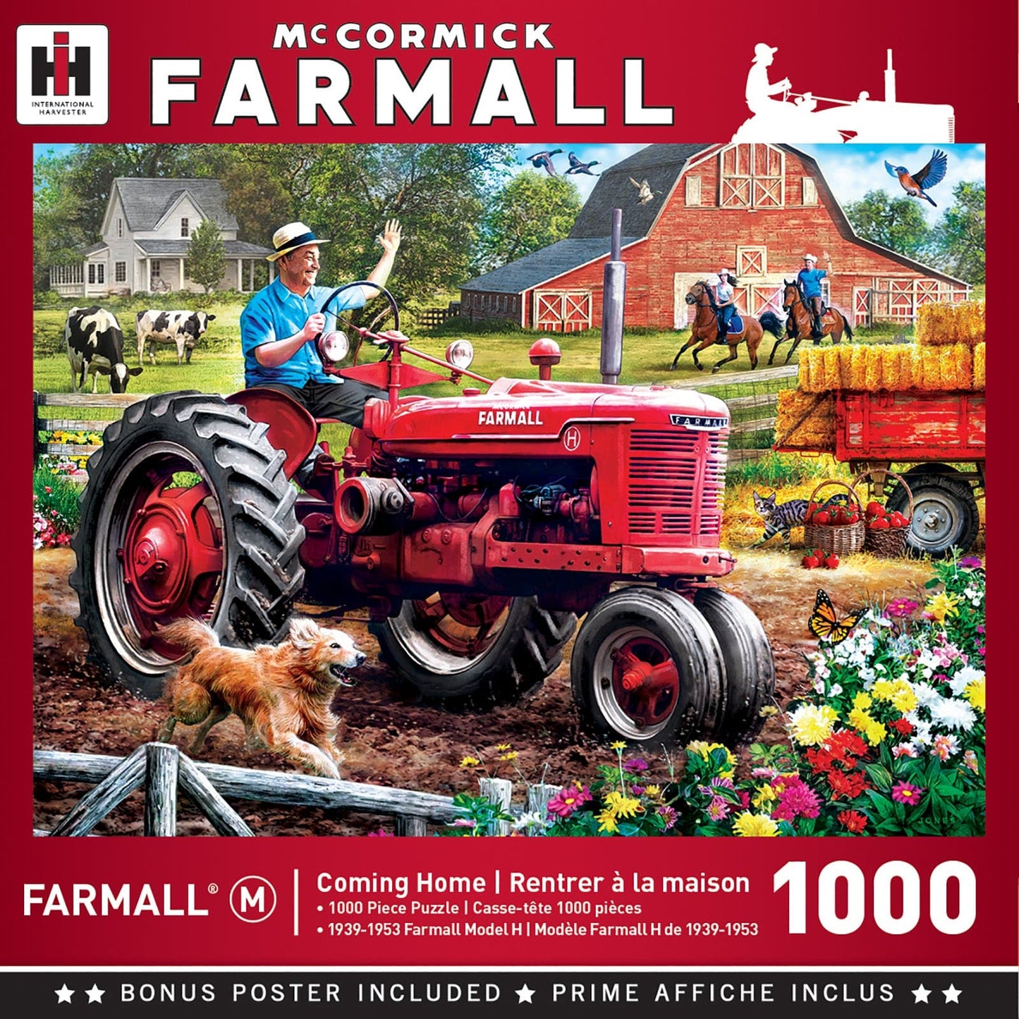 Master Pieces Farm-themed puzzle with a red tractor, barn, and people on horses, featuring McCormick Farmall branding.