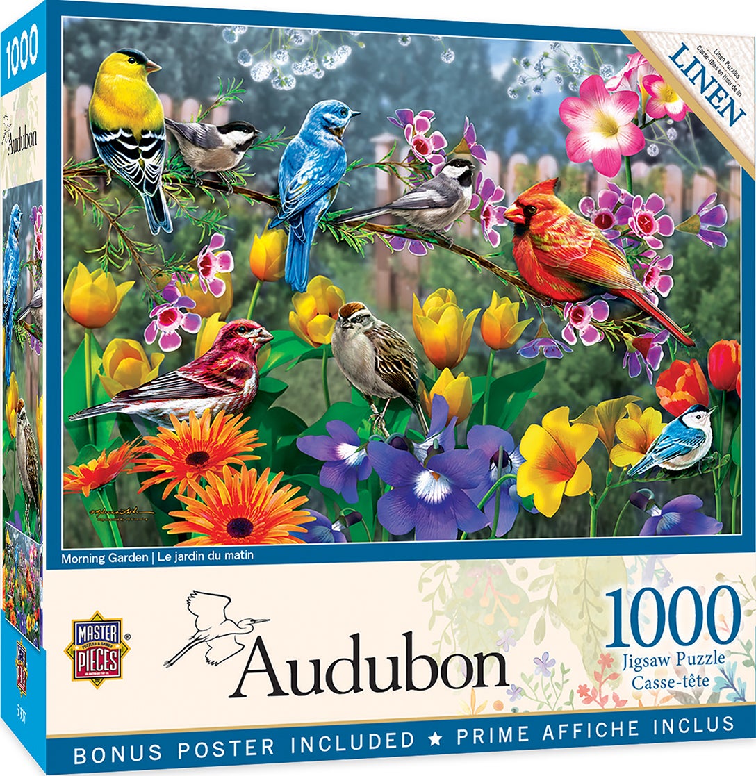 Master Pieces Audubon bird and flower puzzle box with colorful illustration of birds and flowers.