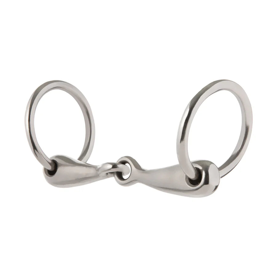 Metal loose ring pony snaffle bit on a white background