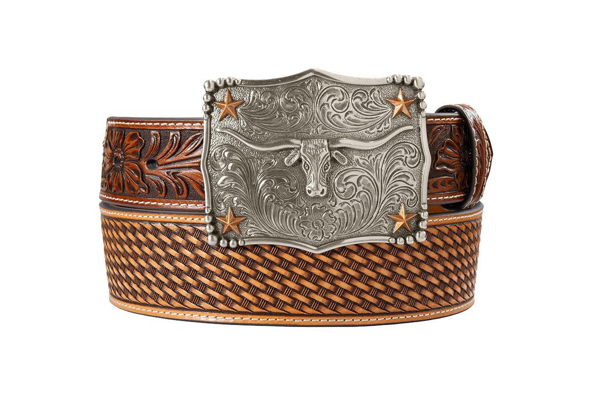 Leather belt with basket stamp and floral detail and a Longhorn buckle on a white background