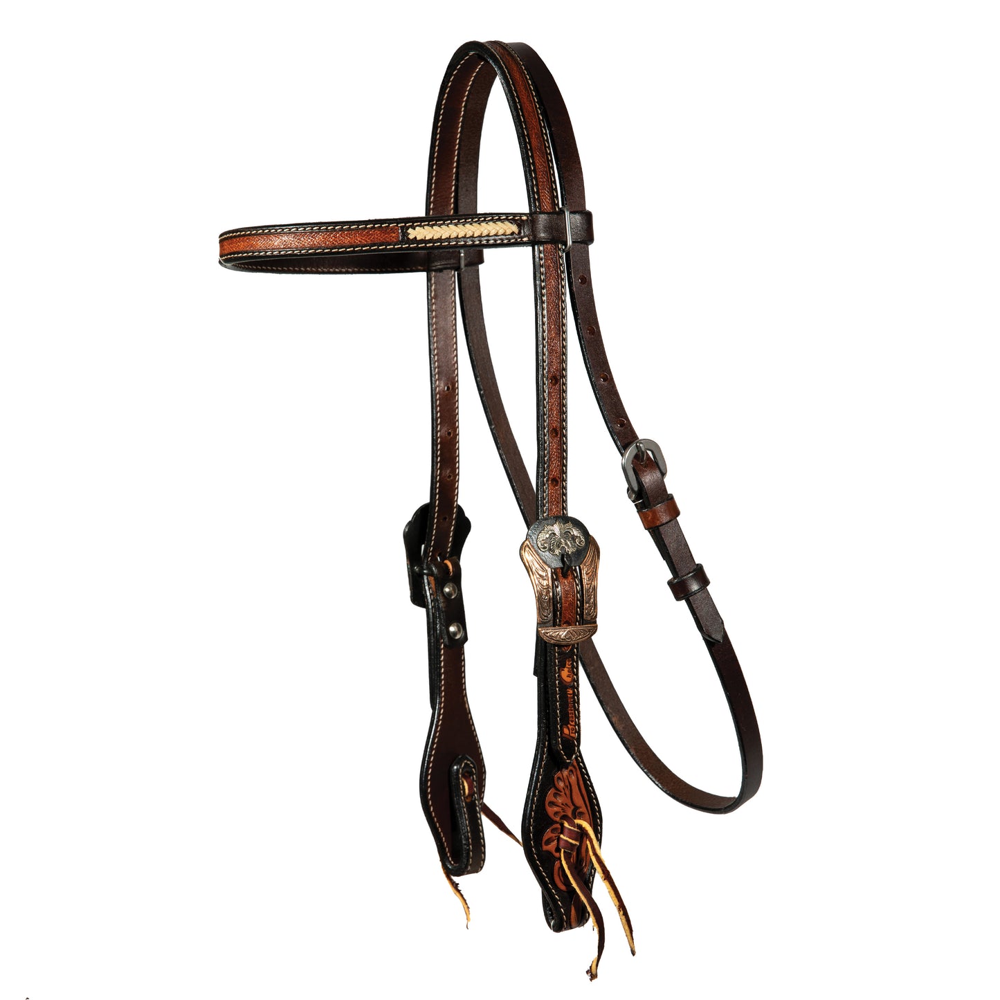 A brown and tan two-tone heritage browband headstall by Professional's Choice, featuring leather straps, metal buckles, and floral tooling.
