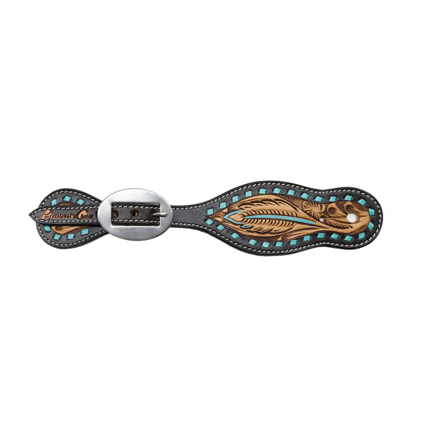 turquoise and brown leather spur straps with a feather detail on a white background