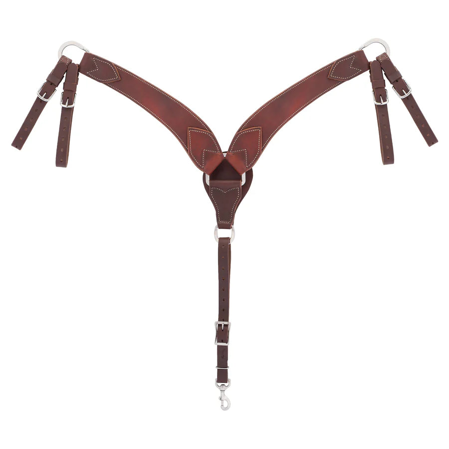 Brown leather breast collar with metal hardware on a white background