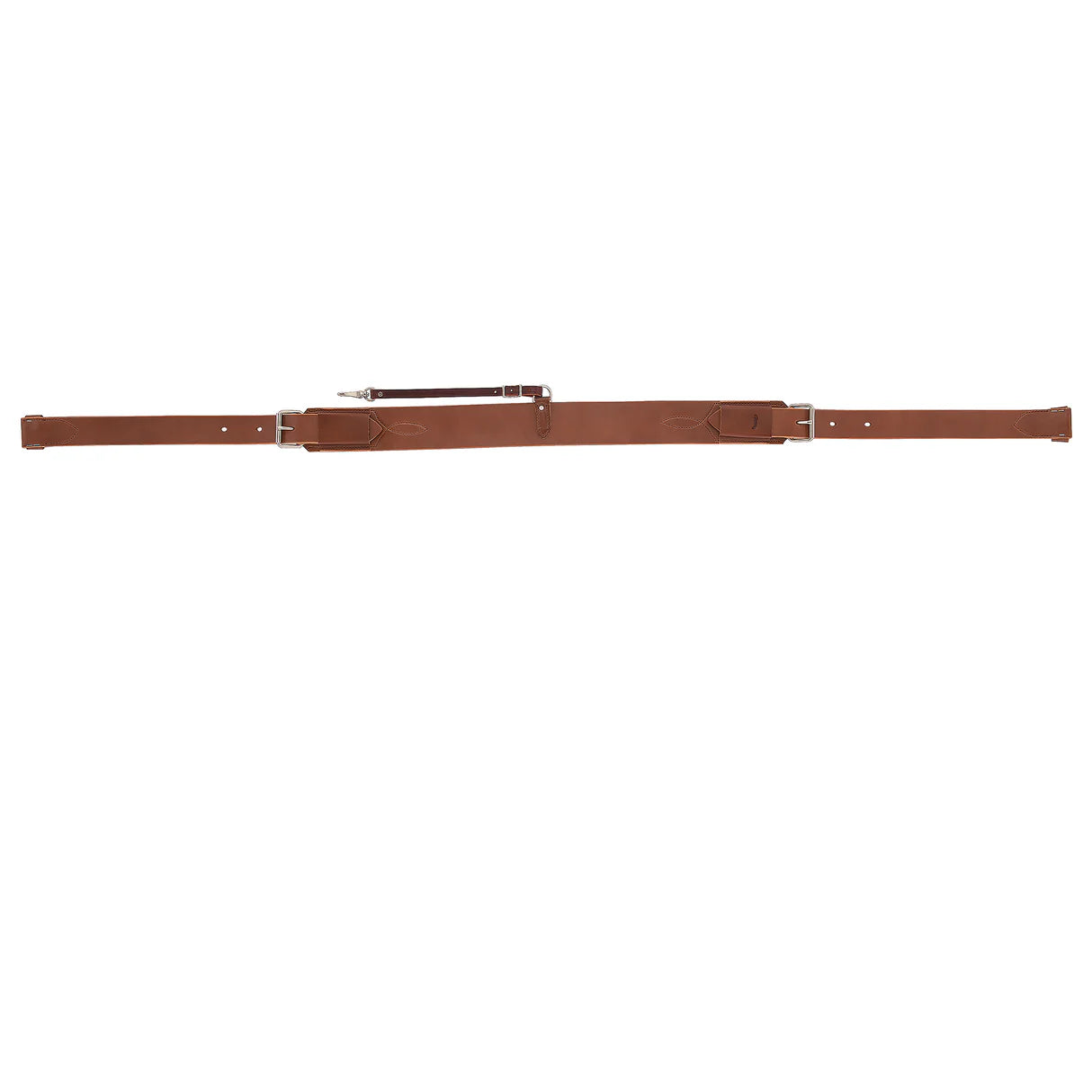 Brown colored leather back cinch for horses with buckles on a white background