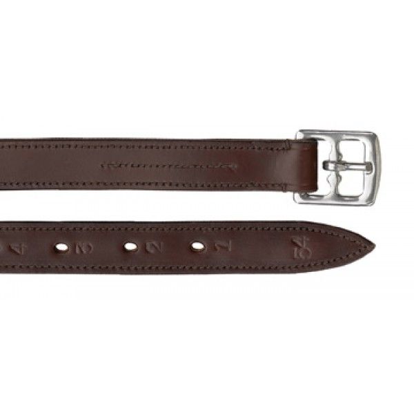 two brown pieces of leather with a silver buckle, for use on english riding saddles