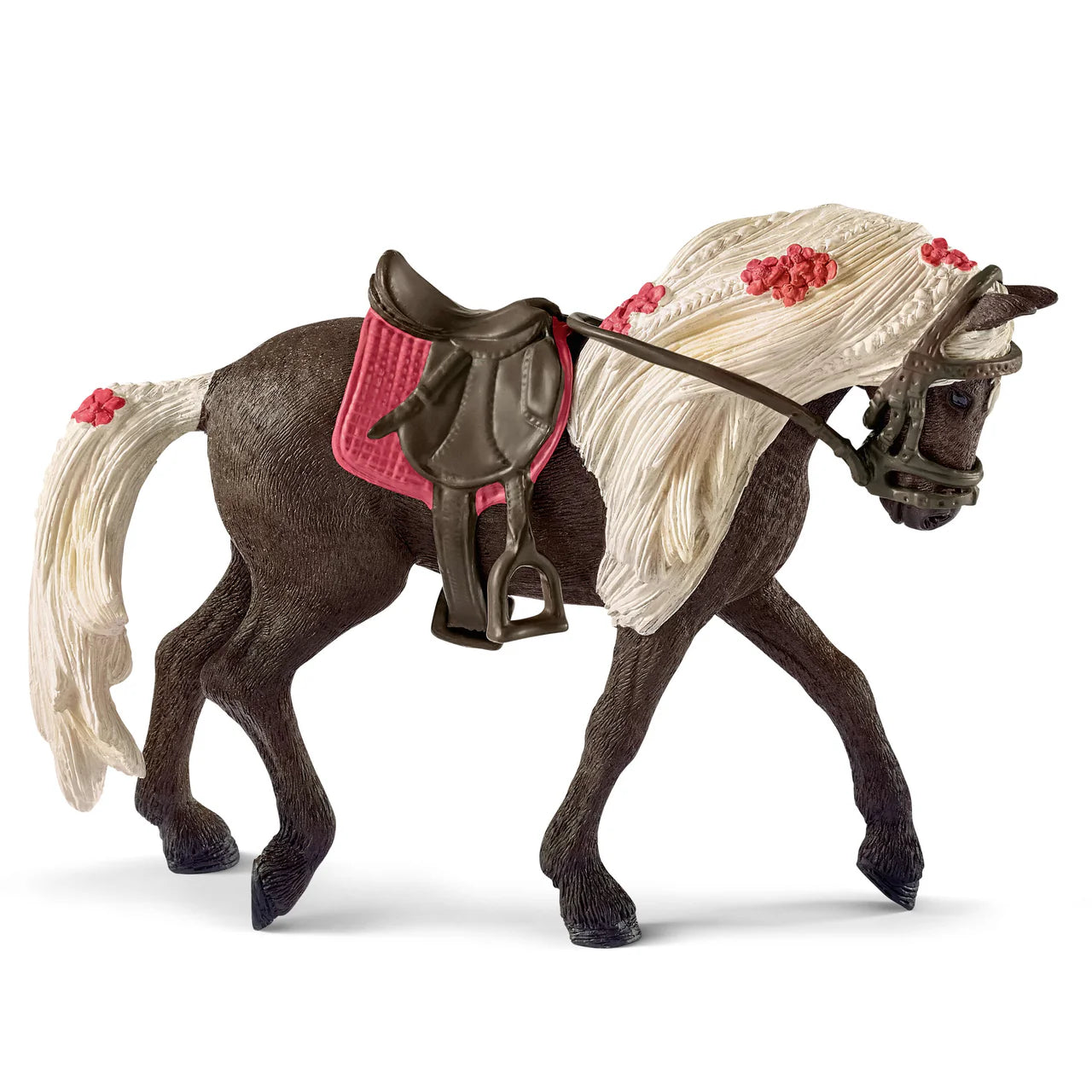 Schleich toy horse with a pink saddle and floral decorations on a white background