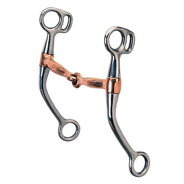A copper plated snaffle mouth bit with a chrome finish and a shank, designed for horse tack.