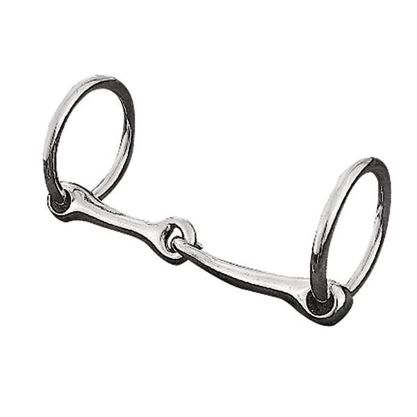A nickel-plated, loose ring snaffle pony bit made of metal with a curved shape and two rings for bridle use.