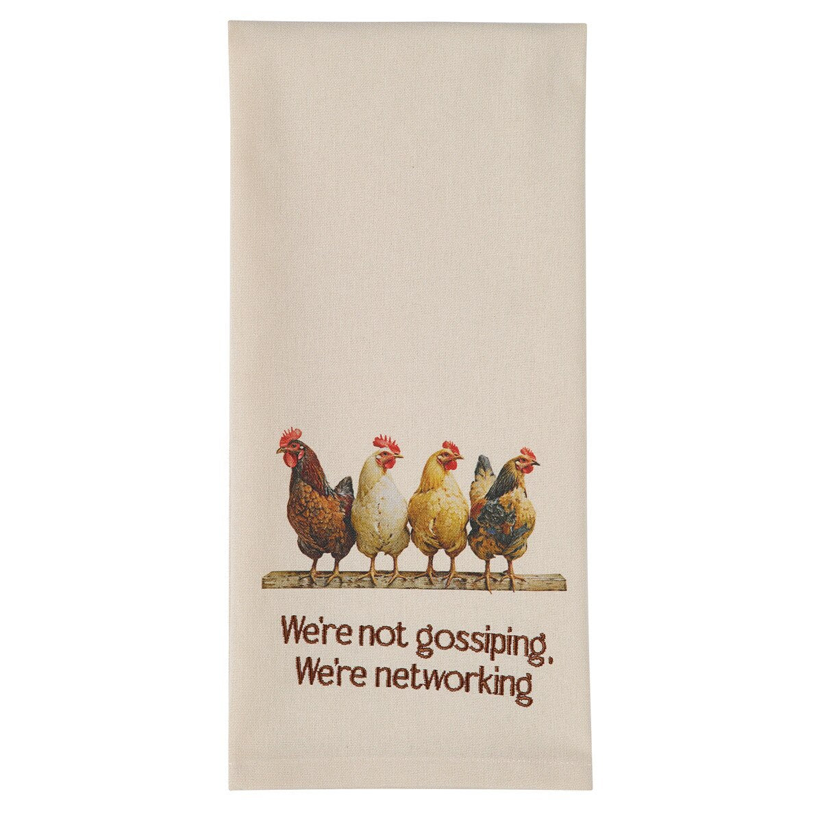 Beige towel with cartoon chickens and humorous text on a white background