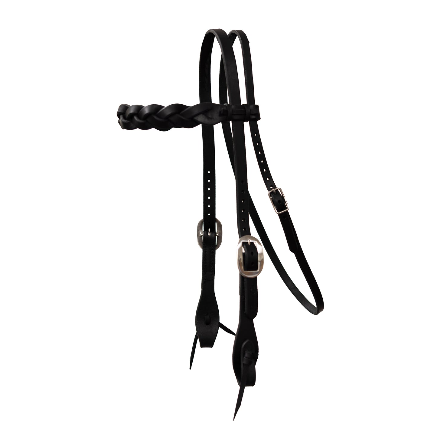 a black leather headstall meant for use with horses on a white background