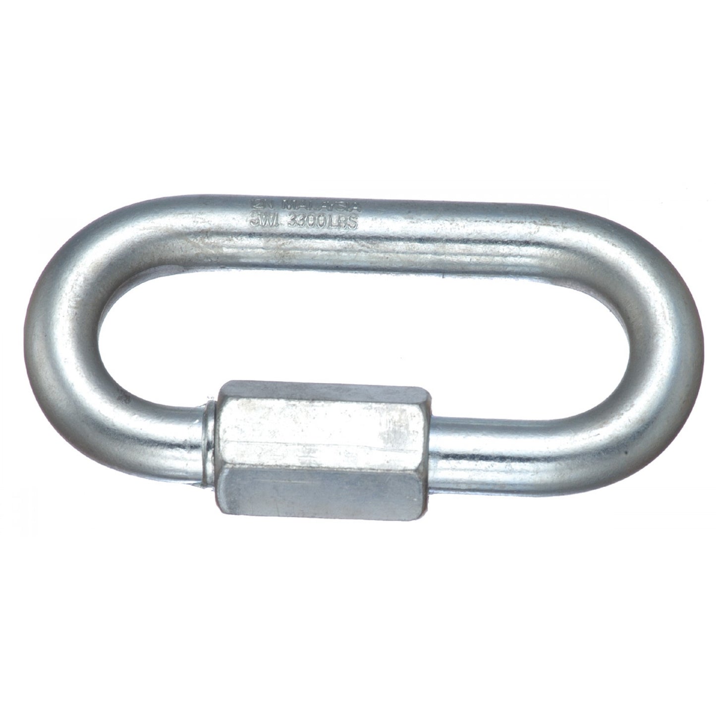 Metal quick link with a bolt on a white background