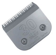 A silver metal pet clipper blade with the number 30 shown on a plain white background.