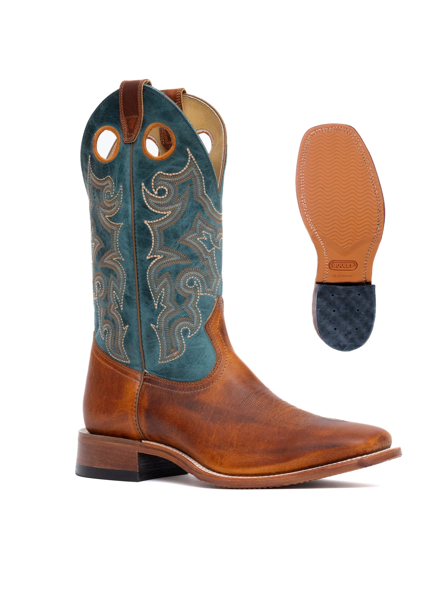 a cowboy boot by 'Boulet' with a blue top and brown toe with a picture of a rubber outsole beside it