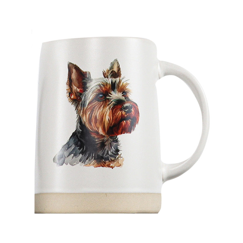 white stoneware coffee mug by Koppers with a yorkie on it, on a white background