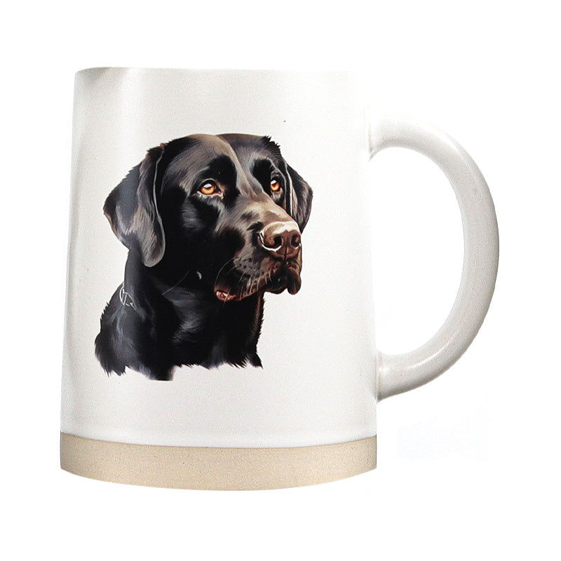 white coffee mug from Koppers with a blak lab on it on a white background