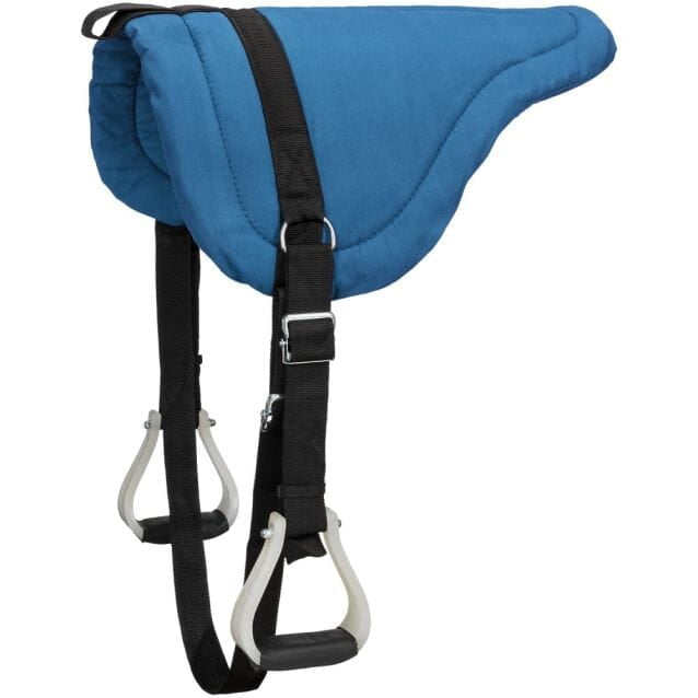 a blue and black bareback pad with stirrups for riding horses on a white background