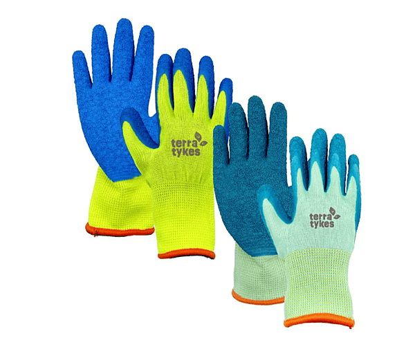 Pair of blue and green gloves with 'terra tykes' branding on a white background