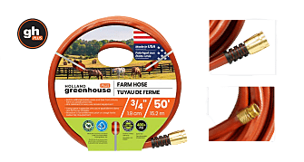 Gardening hose with packaging and connectors on a green background
