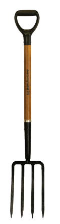 Garden fork with wooden handle and metal prongs on a white background