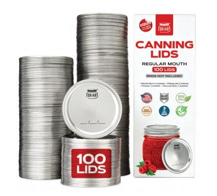 A pack of Foriars stainless steel canning lids, shown with three stacks of silver metal lids, one loose lid, one jar lid sealed, and the retail box on a white background.