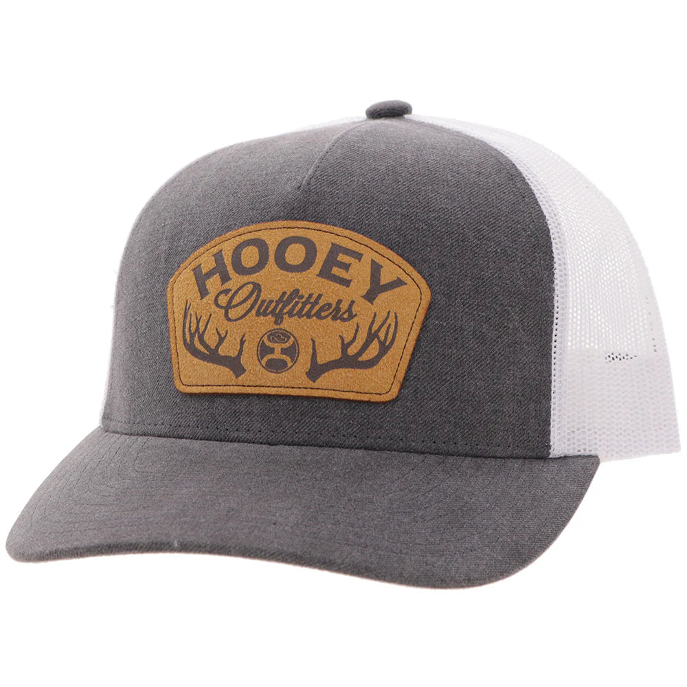 Gray and white cap with a brown leather patch featuring 'Hooey Outfitters' on a white background