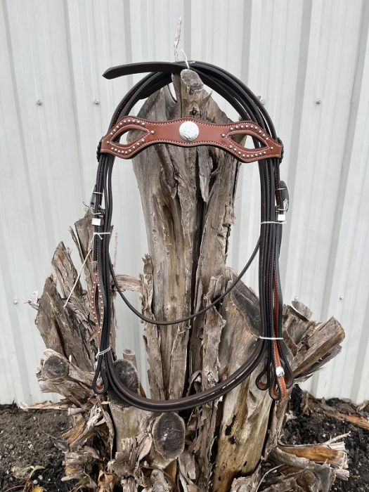 Brown Ger-Ryan leather horse bridle with metal accents on a wooden log against a white wall.