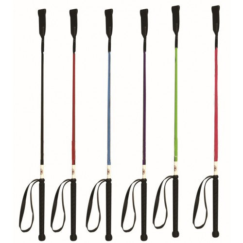 Set of equestrian whips with black handles and varying colored shafts on a white background
