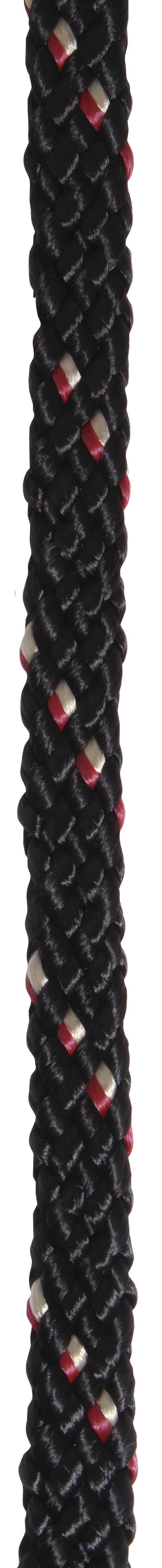 A close up of a black braided roping rein with red and white accents